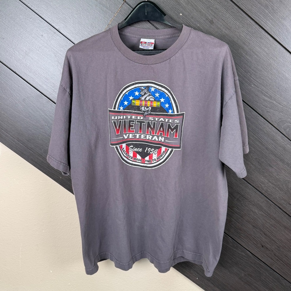 Bayside Vintage 90s USA Made Vietnam Veteran Graphic T Shirt XL Faded Gray